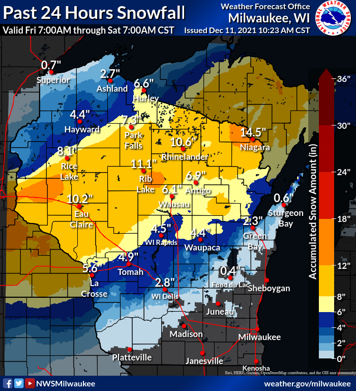 Estimated snow totals Fri-Sat by National Weather Service